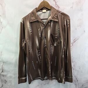 Vintage Button Up Shirt Womens Large Brown 70s Groovy Disco Analog Poly Stretch